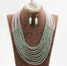 Fabulous 10 Layers Green & White Crystal Costume African Wedding Jewelry Set (Necklace,Bracelet & Earrings)