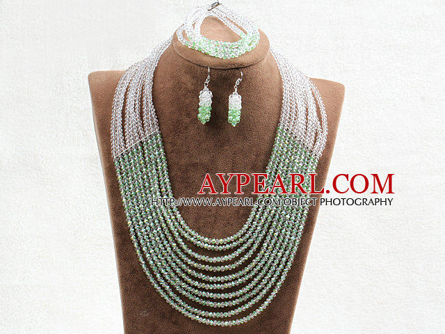 Fabulous 10 Layers Green & White Crystal Costume African Wedding Jewelry Set (Necklace,Bracelet & Earrings)