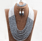 Fabulos 10 straturi Rose Black & White Crystal costum african Set de bijuterii de nunta (colier, bratara si cercei)