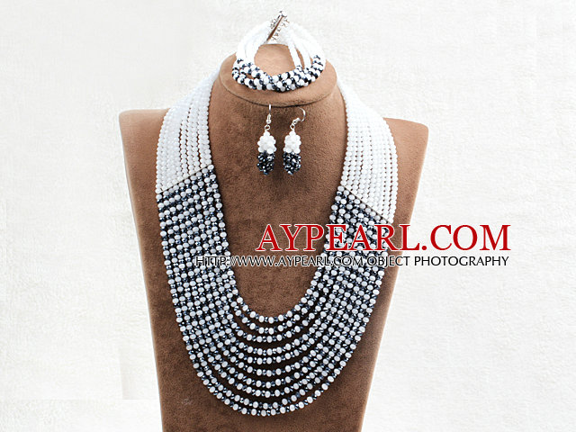 Fabulous 10 Layers Rose Black & White Crystal Costume African Wedding Jewelry Set (Necklace,Bracelet & Earrings)