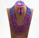 Wholesale Fabulous 10 Layers Rose Red & Blue Crystal Costume African Wedding Jewelry Set (Necklace,Bracelet & Earrings)