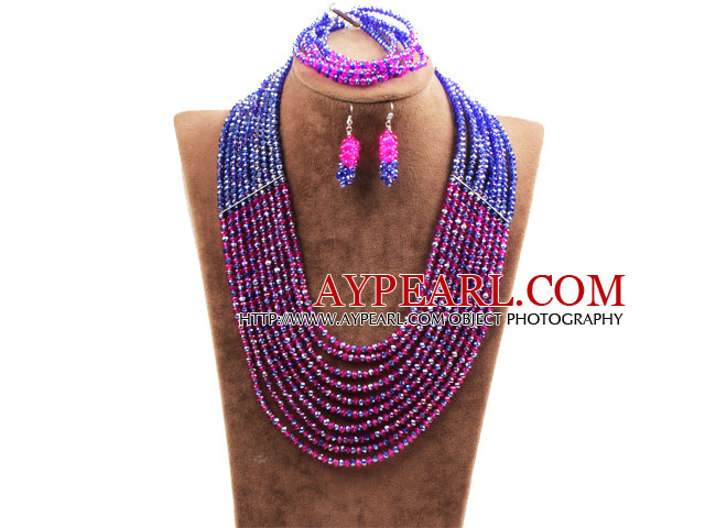 Fabulous 10 Layers Rose Red & Blue Crystal Costume African Wedding Jewelry Set (Necklace,Bracelet & Earrings)