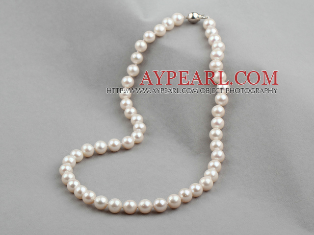 8-9mm en klass Natural White Freshwater Pearl pärlstav Halsband med Sterling Silver Lås
