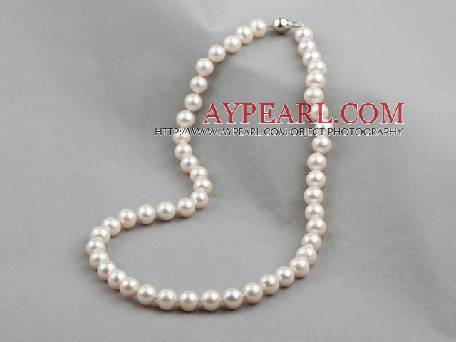 8-9 χιλιοστά Α Βαθμού Φυσικό White Pearl γλυκού νερού Beaded κολιέ με καρφίτσα ασήμι