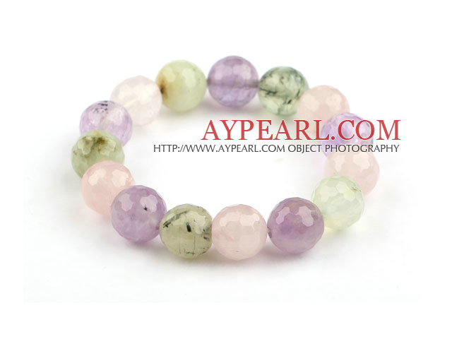 Assorted 12mm fasettert Round Rose Quartz og Amethyst og Prehnite Beaded Stretch Bangle Bracelet