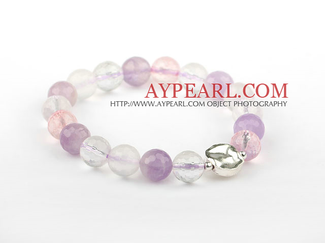 Natural Faceted Multi Color Crystal Beaded Elastic Bangle Bracelet with Sterling Silver Bead Accessory