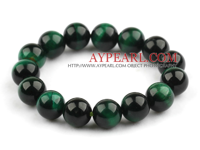 12mm Round A Grade Dark Green Tiger Eye Beaded Stretch Bangle Bracelet