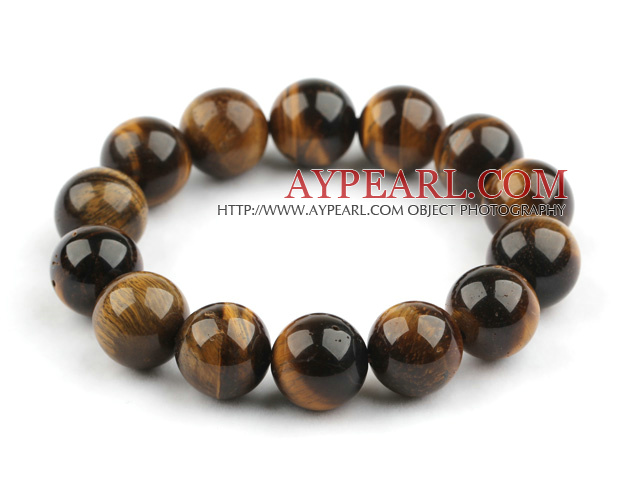 14mm Natural Round Tiger Eye Beaded Stretch Bangle Bracelet