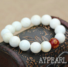 12mm White Sea Shell Beaded Stretch Bangle Bracelet with Six Characters of Magic Charms Carnelian Beads