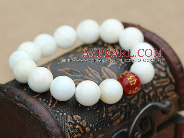 10mm White Sea Shell Beaded Stretch Bangle Bracelet with Six Characters of Magic Charms Carnelian Beads