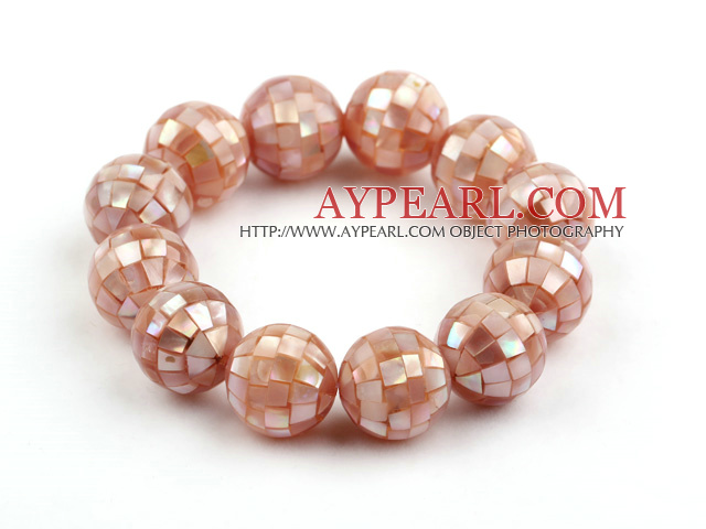 Big stil 16mm Pink Mosaic Shell Beaded Stretch Bangle Bracelet