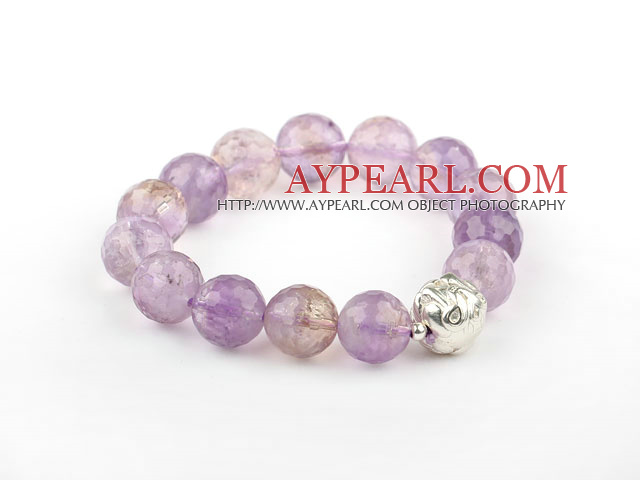 12mm Natural Round Faceted Ametrine Beaded Elastic Bangle Bracelet with Sterling Silver Pixiu Accessory