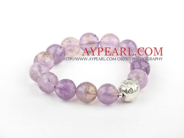 12mm Natural Round Fasettert Ametrine Beaded Elastisk Bangle armbånd med Sterling Silver Pixiu Accessory