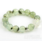 12mm Round Faceted Prehnite and Carved Clear Crystal Stretch Bangle Bracelet with Sterling Silver Accessories