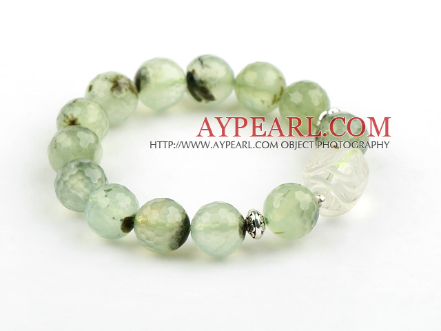 12mm Round Faceted Prehnite and Carved Clear Crystal Stretch Bangle Bracelet with Sterling Silver Accessories