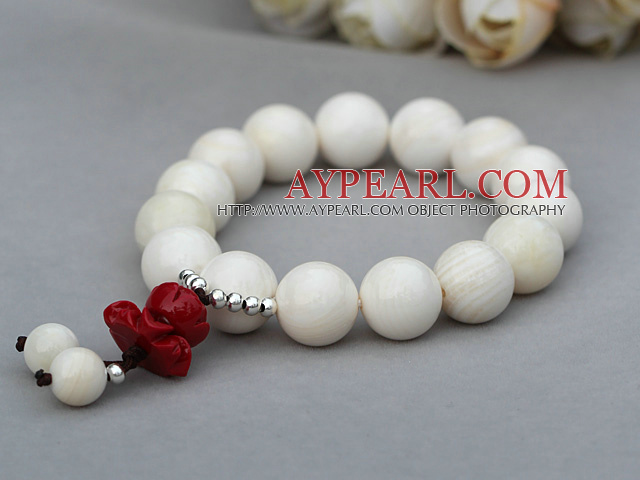 12mm Round White Sea Shell Stretch Bangle Bracelet with Coral Lotus and Sterling Silver Accessories