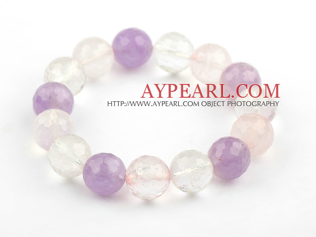 12mm Faceted Rose Quartz and Amethyst and Clear Crystal Beaded Stretch Bangle Bracelet