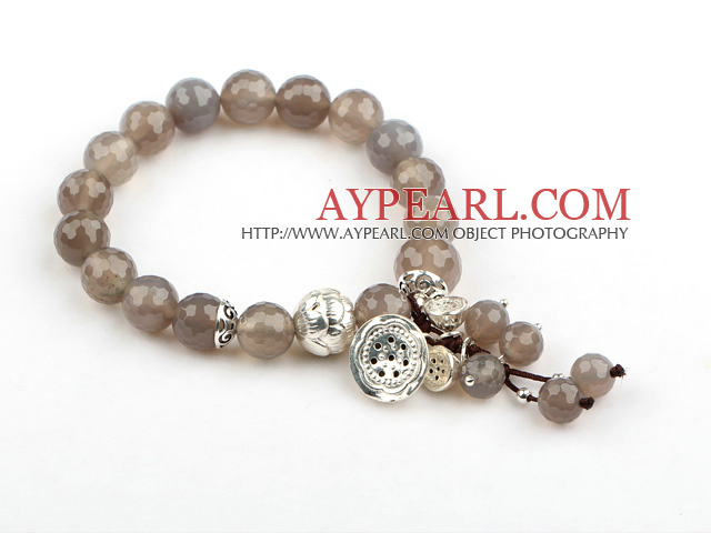 8mm Faceted Grau Agate Stretch Armreif mit Sterling Silber Lotus Zubehör