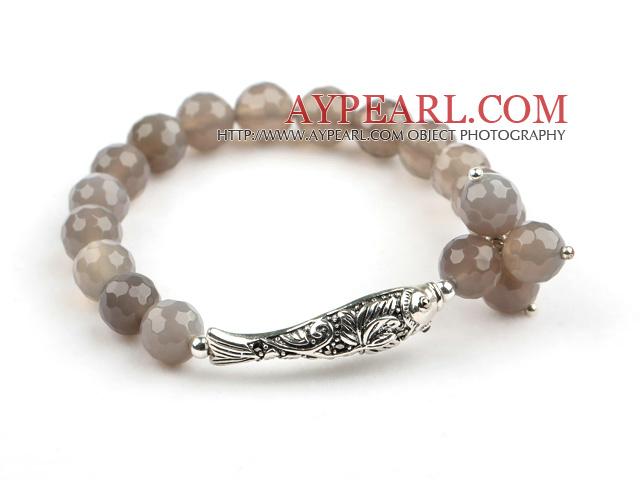 8mm Faceted Gary Agate Stretch Armreif mit Sterling Silver Fish Zubehör