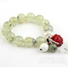 14mm Faceted Prehnite Stretch Beaded Bangle Bracelet with White Mosaics Shell and Sterling Silver Accessories