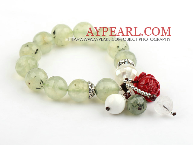 14mm Faceted Prehnite Stretch Beaded Bangle Bracelet with White Mosaics Shell and Sterling Silver Accessories