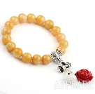 10mm Yellow Jade Stretch Bangle Bracelet with Pumpkin Shape Jade and Coral Lotus and Sterling Silver Accessories