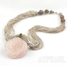 Faceted Gary Agate and Carved Rose Quartz Flower Pendant Necklace with Sterling Silver Accessories