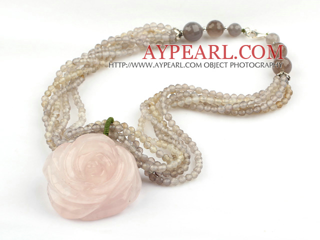 Faceted Gary Agate and Carved Rose Quartz Flower Pendant Necklace with Sterling Silver Accessories