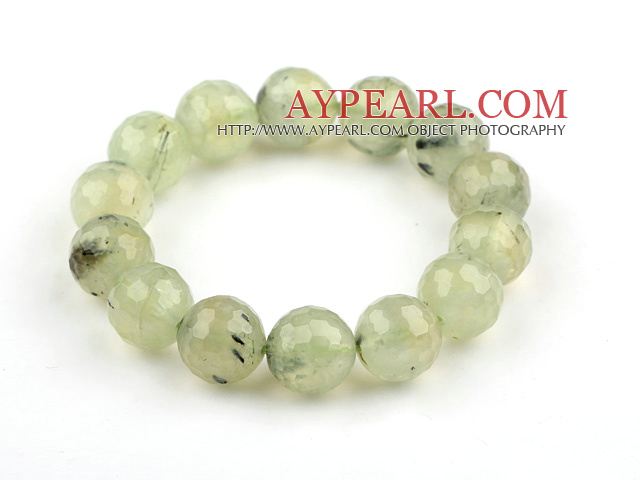 14mm Round Faceted Prehnite Beaded Stretch Bangle Bracelet