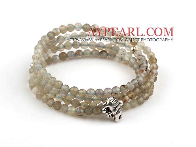 4mm Round Faceted Gray Agate Beaded Stretch Wrap Bangle Bracelet