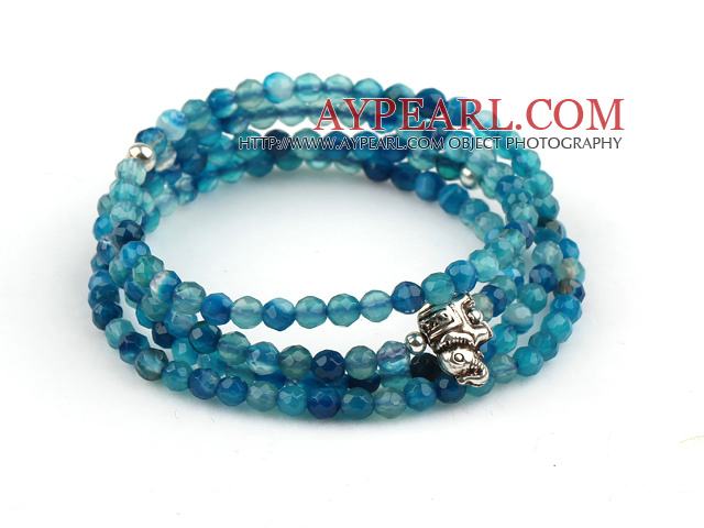 4mm Round Faceted Blue Agate Beaded Stretch Wrap Bangle Bracelet