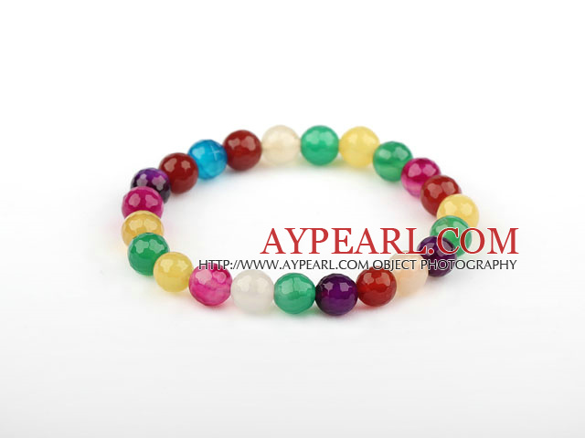 8mm Natural Faceted Multi Color Agate Beaded Elastic Bangle Bracelet