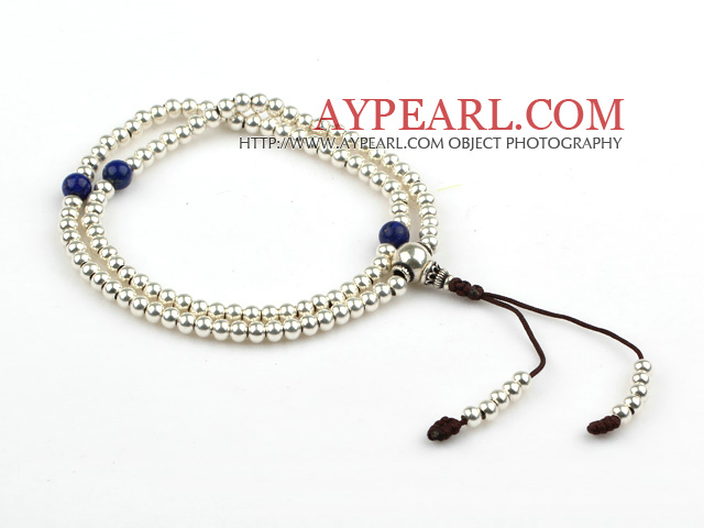 Sterling Silver Beads Adjustable Rosary/ Prayer Bracelet with Lapis ( Total 108 Beads)