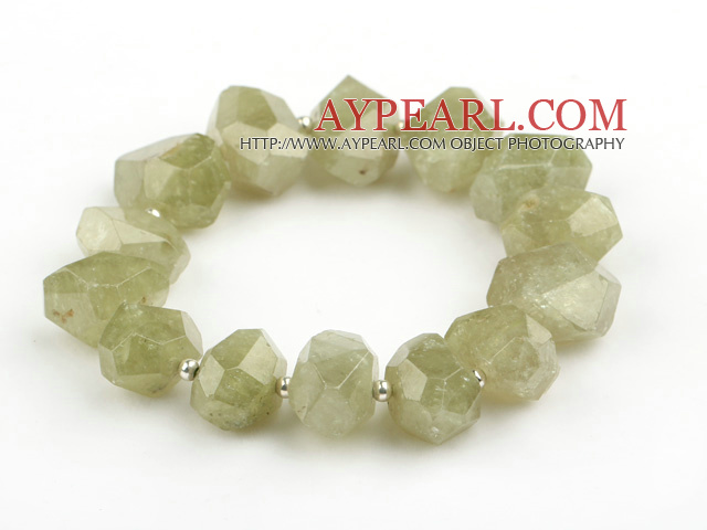 Natural Olive Green Color Irregular Shape Garnet Stretch Bangle Bracelet with Sterling Silver Beads