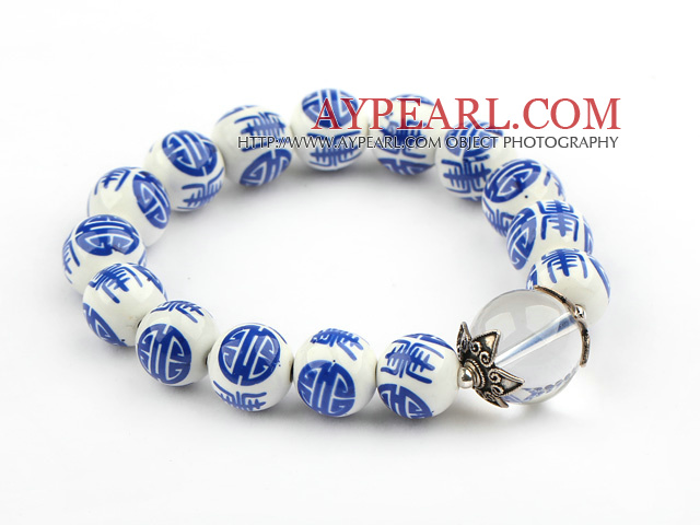 12mm Round Blue and White Porcelain Beaded Stretch Bangle Bracelet with Clear Crystal and Sterling Silver Accessories