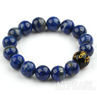 12mm Round Lapis Beaded Stretch Bangle Bracelet with Buddhist Mantra Prayer Black Agate Beads for Meditation