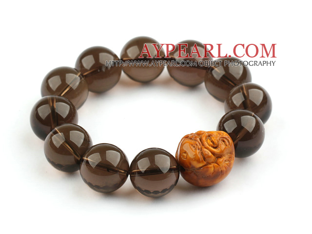 16 χιλιοστά Φυσικό Smoky Quartz Beaded βραχιόλι βαρύ Stretch με Leugh Βούδα