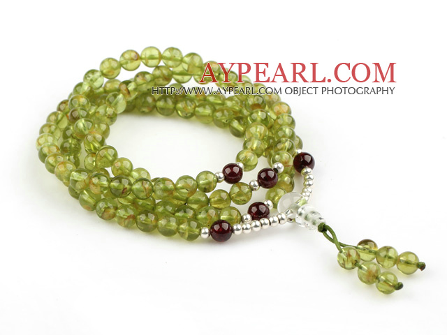 Naturlig Oliven Rosary / Bønn Armbånd med Sterling Silver tilbehør og A Grade Garnet (Totalt 108 Beads)