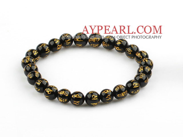 8mm svart agat perler med tegn av Magic Charms Stretch Bangle Bracelet