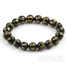 10mm Black Agate with Buddhist Mantra Prayer Beads for Meditation Stretch Bangle Bracelet