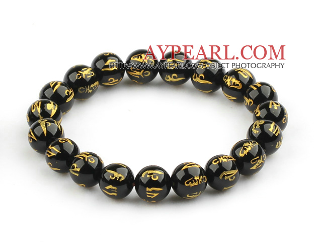 10mm Black Agate with Buddhist Mantra Prayer Beads for Meditation Stretch Bangle Bracelet