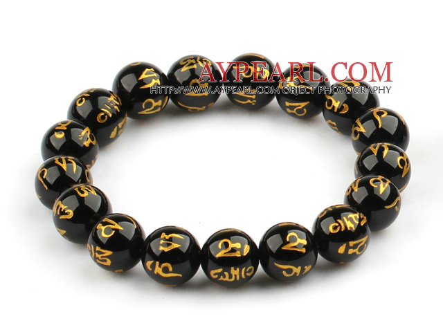 12mm Black Agate with Buddhist Mantra Prayer Beads for Meditation Stretch Bangle Bracelet