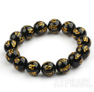 14mm Black Agate with  Buddhist Mantra Prayer Beads for Meditation Stretch Bangle Bracelet