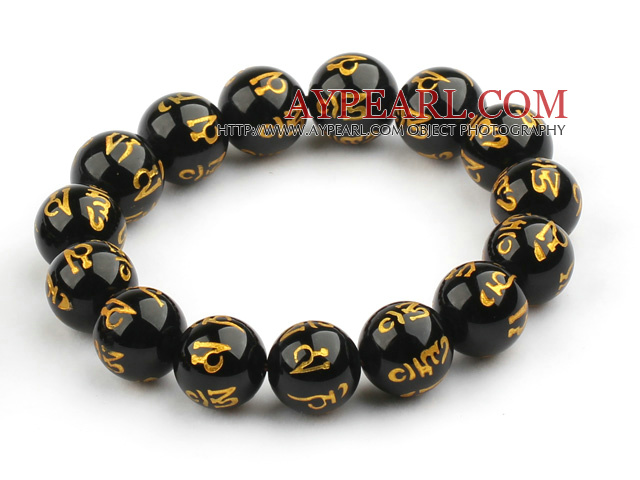 14mm Black Agate with  Buddhist Mantra Prayer Beads for Meditation Stretch Bangle Bracelet