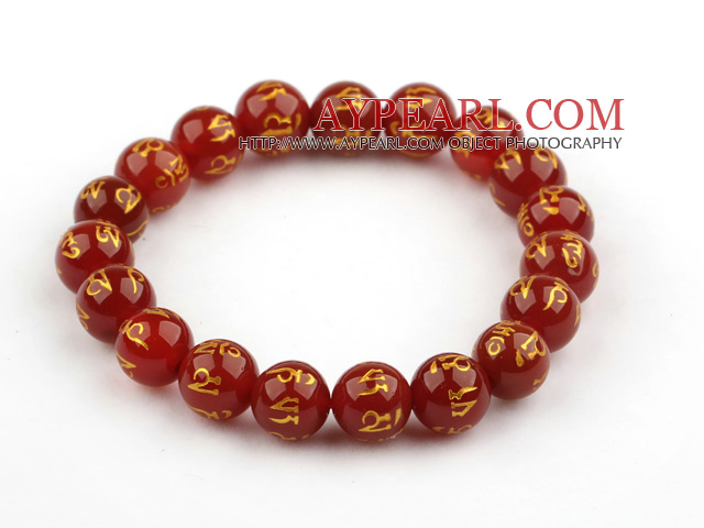 10mm Red Carnelian with Buddhist Mantra Prayer Beads for Meditation Stretch Bangle Bracelet