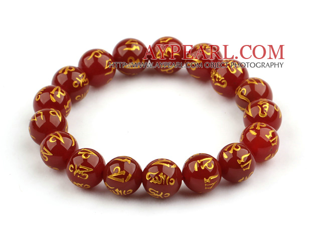 12mm Red Carnelian with Characters of Magic Charms Stretch Bangle Bracelet