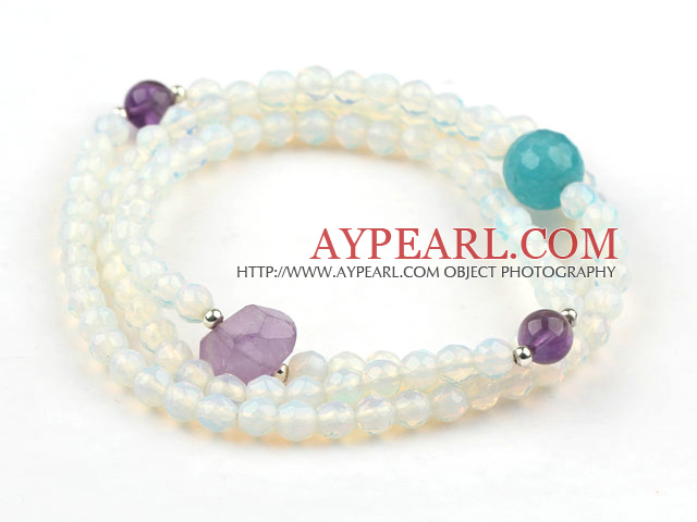 Faceted Opal Beaded Stretch Bracelet with Amethyst and Cyanite and Sterling Silver Beads( Can Also Be Worn As Necklace )