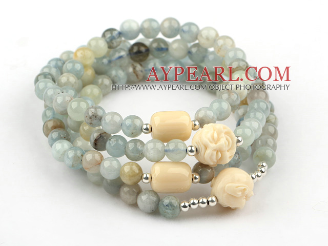 10mm Flower Aquamarine Beaded Stretch Bracelet with Corozo Nut Buddha's Head( Can Also Be Worn As Necklace )