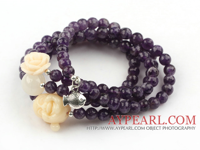 Faceted Amethyst Beaded Stretch Bracelet with Corozo Nut Buddha's Head and Rose Flower and Sterling Silver Fish Accessory ( Can also be Necklace )
