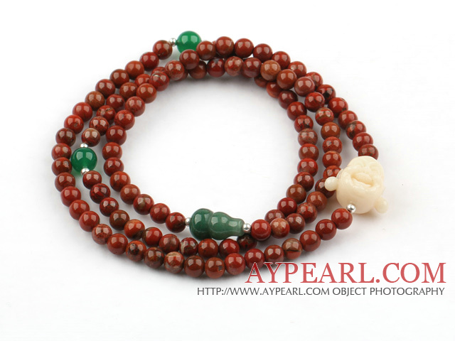 Red Stone Stretch Beaded Bracelet with Buddha's Head and Cucurbit Shape Aventurine and Green Agate ( Can also be Necklace )